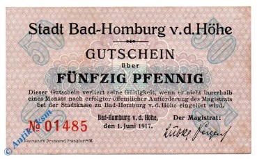 Notgeld Bad Homburg , 50 Pfennig Schein , Tieste 3130.05.01 , von 1917 , Hessen Verkehrsausgabe
