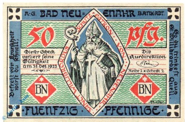 Notgeld Bad Neuenahr , 50 Pfennig Schein , Reihe 2 Scheck 2 , Mehl Grabowski 938.2 , von 1922 , Rheinland Seriennotgeld