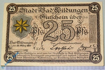 Notgeld Bad Wildungen , 25 Pfennig Musterschein Ohne Kennummer , Tieste 7935.05.21.M , Hessen Verkehrsausgabe