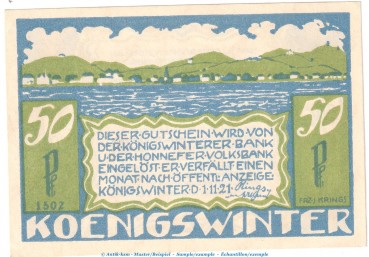 Preview: Notgeld Bank Königswinter 730.1 , 50 Pfennig Nr.4 -Serie 1502- in kfr. von 1921 , Westfalen Seriennotgeld