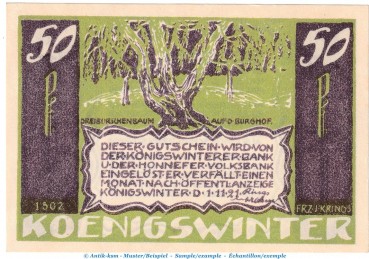 Preview: Notgeld Bank Königswinter 730.1 , 50 Pfennig Nr.7 --1502-- in kfr. von 1921 , Westfalen Seriennotgeld