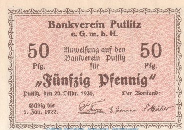 Notgeld Bankverein Putlitz , 50 Pfennig Schein in kfr. Tieste 5815.05.02 von 1920 , Brandenburg Verkehrsausgabe