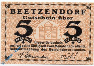 Notgeld Beetzendorf , 5 Pfennig Schein , Tieste 0380.05.01 , Sachsen Verkehrsausgabe