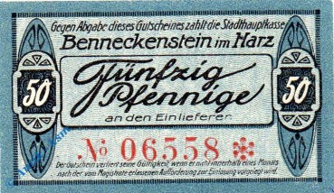 Notgeld Benneckenstein , 50 Pfennig Schein , Tieste 0405.05.03 , von 1919 , Sachsen Verkehrsausgabe