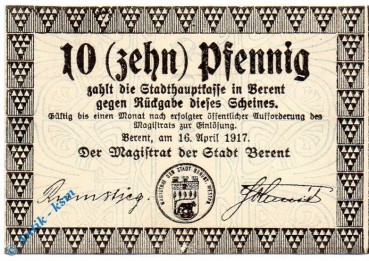 Notgeld Berent , 10 Pfennig Schein , Tieste 0430.05.01 , von 1917 , Westpreussen Verkehrsausgabe