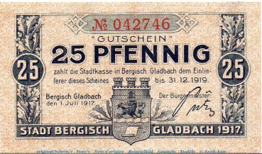Notgeld Bergisch Gladbach 0445.05.02 , 25 Pfennig Schein in kfr. von 1917 , Rheinland Verkehrsausgabe