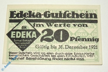Notgeld Berlin , Edeka , 20 Pfennig Schein 12.1921 , Tieste 0460.075.07 , Brandenburg Verkehrsausgabe