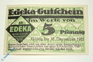 Notgeld Berlin , Edeka , 5 Pfennig Schein 12.1921 , Tieste 0460.075.05 , Brandenburg Verkehrsausgabe