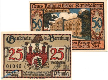 Notgeld Bernburg , Set mit 2 Scheinen 1. Aufl. in kfr. Mehl Grabowski 95.2.a , Sachsen Anhalt Seriennotgeld