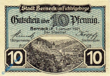 Notgeld Berneck , 10 Pfennig Schein , Groß- und Kleinbuchst. Tieste 0540.05.55 , von 1921 , Bayern Verkehrsausgabe