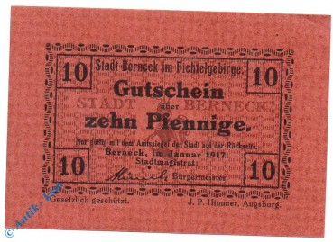 Notgeld Berneck , 10 Pfennig Schein , o. Verfallszeit , Tieste 0540.05.10 , von 1917 , Bayern Verkehrsausgabe