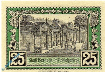 Notgeld Berneck , 25 Pfennig Schein , nur Großbuchst. Tieste 0540.05.51 , von 1921 , Bayern Verkehrsausgabe