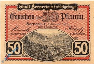 Notgeld Berneck , 50 Pfennig Schein , Groß- und Kleinbuchst. Tieste 0540.05.57 , von 1921 , Bayern Verkehrsausgabe