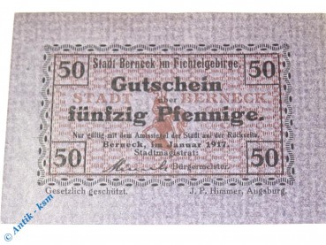 Notgeld Berneck , 50 Pfennig Schein violett , Tieste 0540.05.15.A , von 1917 , Bayern Verkehrsausgabe