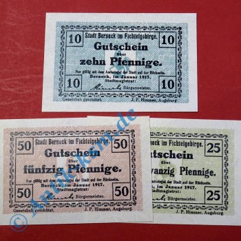 Notgeld Berneck , Satz mit 3 Scheinen , Tieste 0540.45 bis 47 , von 1917 , Bayern Verkehrsausgabe