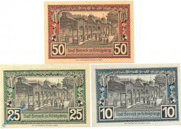 Notgeld Berneck , Set mit 3 Scheinen , nur Großbuchst. Tieste 0540.05.50 bis 52 , von 1921 , Bayern Verkehrsausgabe