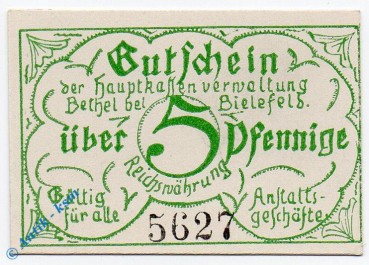 Notgeld Bethel , 5 Pfennig Schein , mit Kn , Tieste 0565.05.05 , Westfalen Verkehrsausgabe