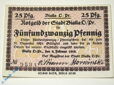 Notgeld Bialla , 25 Pfennig Schein bis 1921 , Tieste 0595.05.11 , von 1920 , Ostpreussen Verkehrsausgabe