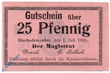 Notgeld Bischofswerder , 25 Pfennig Schein , Tieste 0685.05.41 , von 1920 , Westpreussen Verkehrsausgabe