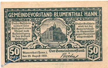 Notgeld Blumenthal , 50 Pfennig Schein in kfr. Tieste 0760.10.06 , von 1920 , Hannover Verkehrsausgabe