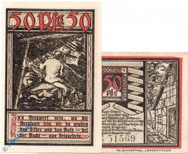 Notgeld Bochum , 50 Pfennig Schein Nr 3 , Kn = grün , Mehl Grabowski 127.1 b , von 1921 , Westfalen Seriennotgeld