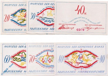 Notgeld Bokel Hörnerkirchen , Set mit 6 Scheinen , Mehl Grabowski 135.1 , Schleswig Holstein Serien Notgeld