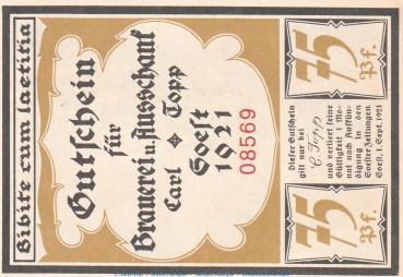 Notgeld Brauerei Carl Topp 820.1.c , 75 Pfennig Schein in kfr. von 1920 , Westfalen Seriennotgeld