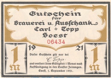 Notgeld Brauerei Carl Topp 820.1.d , 1 Mark Schein in kfr. von 1920 , Westfalen Seriennotgeld