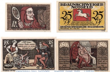 Notgeld Braunschweig , Eulenspiegel Set mit 4 Scheinen in kfr. Mehl Grabowski 155.1 , von 1921 , Niedersachsen Seriennotgeld