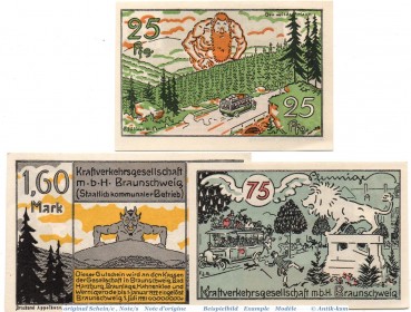 Notgeld Braunschweig , Set mit 3 Scheinen in kfr. Mehl Grabowski 156.1 , von 1921 , Niedersachsen Seriennotgeld