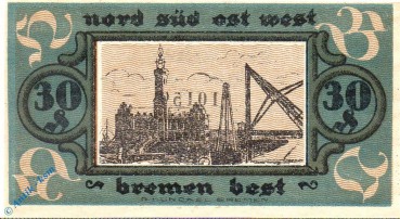Notgeld Bremen , Hafenbetriebsverein , 30 Pfennig Schein , Mehl Grabowski 170.1 , von 1921 , Niedersachsen Seriennotgeld