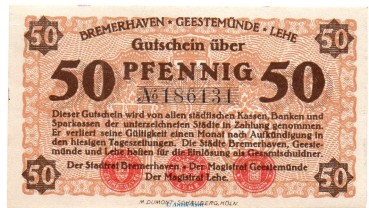 Notgeld Bremerhaven Geestemünde Lehe 0905.05.01 , 50 Pfennig Schein in kfr. o.D. Niedersachsen Verkehrsausgabe