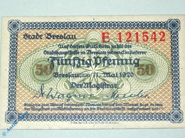 Notgeld Breslau , 50 Pfennig Schein E , Tieste 0915.115.25 , von 1918 , Schlesien Verkehrsausgabe