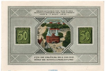 Notgeld Brfm. und Händlertag Lübeck 826.14 , 50 Pfennig Schein Nr.1 in kfr. von 1921 , Schleswig Holstein Seriennotgeld