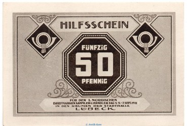 Preview: Notgeld Brfm. und Händlertag Lübeck 826.14 , 50 Pfennig Schein Nr.1 in kfr. von 1921 , Schleswig Holstein Seriennotgeld