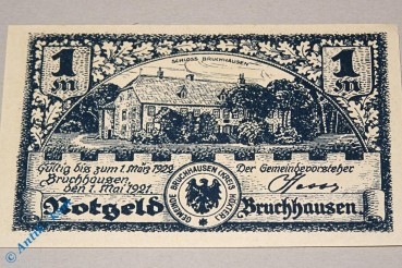 Notgeld Bruchhausen , 1 Mark Schein Nr 2 , Mehl Grabowski 190.1 , von 1921 , Westfalen Seriennotgeld