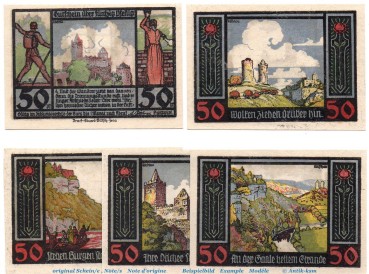 Serien Notgeld Burgwirt Rudelsburg bei Bad Kösen Bundesland : Sachsen Anhalt  ,  Grabowski / Mehl : 1143.1 Wasserzeichen : ohne  ,  Datum : ohne , von 1921 Der Notgeldsatz besteht aus : 5 x 50 Pfennig