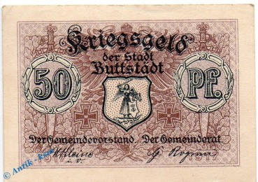 Notgeld Buttstädt , 50 Pfennig Schein in kfr. sämisch , Tieste 1050.05.05 , von 1917 , Sachsen Verkehrsausgabe