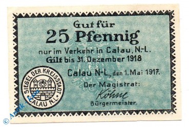 Notgeld Calau , 25 Pfennig Schein , Tieste 1060.10.02 , von 1917 , Brandenburg Verkehrsausgabe