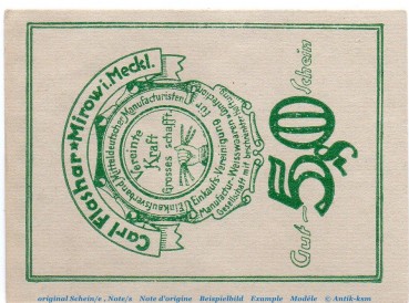Notgeld Carl Flashar Mirow 4580.05.04 , 50 Pfennig Schein in kfr. o.D. , Mecklenburg Vorpommern Verkehrsausgabe