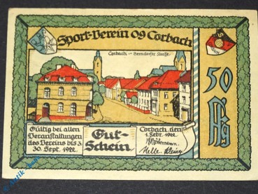 Notgeld Corbach , 50 Pfennig Schein Nr 6 , Mehl Grabowski 240.1 , von 1922 , Hessen Seriennotgeld