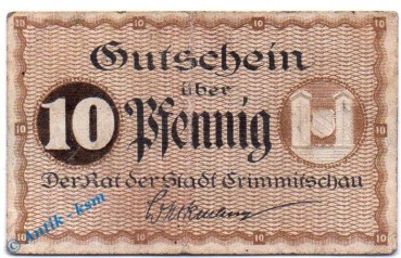 Notgeld Crimmitschau , 10 Pfennig Schein gbr. oWz , Tieste 1230.20.01 , Sachsen Verkehrsausgabe