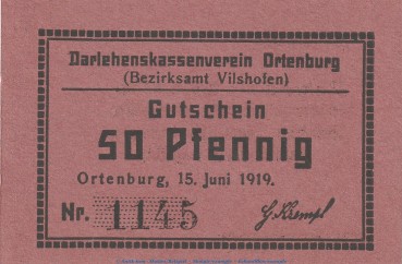 Notgeld Darlehnskassenverein Ortenburg , 50 Pfennig Schein in kfr. Tieste 5420.05.44 von 1919 , Bayern Verkehrsausgabe