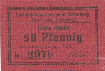 Notgeld Darlehnskassenverein Ortenburg , 50 Pfennig Schein in kfr. Tieste 5420.05.57 von 1919 , Bayern Verkehrsausgabe