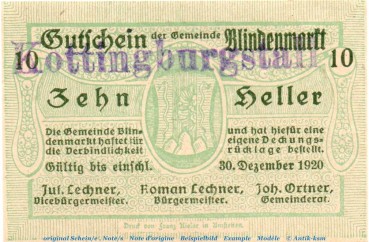 Notgeld der Gemeinde Blindenmarkt 93.I.s , 10 Heller -Kottingburgstall- in kfr. von 1920 Notgeld Niederösterreich