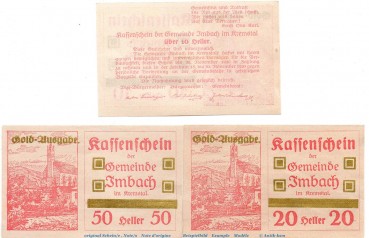 Notgeld der Gemeinde Imbach S.404.III.d Gold Ausgabe , Set mit 3 Scheinen rosa in kfr. o.D. Notgeld Niederösterreich