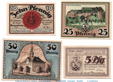 Notgeld der Stadt Ronneburg , 1133.1 Set mit 4 Scheinen in kfr. von 1921 , Thüringen Seriennotgeld