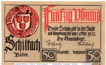 Notgeld der Stadt Schiltach 6510.05.05 , 50 Pfennig Schein in kfr. von 1918 , Baden Verkehrsausgabe