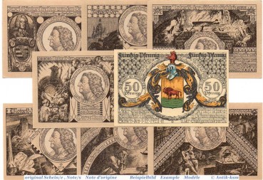 Notgeld der Stadt Schleiz , 1180.1 kassenfrischer Satz mit 8 Scheinen von 1921 , Schlesien Serinnotgeld