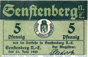 Notgeld der Stadt Senftenberg , 5 Pfennig Schein in kfr. 6870.10.05 , von 1920 , Brandenburg Verkehrsausgabe